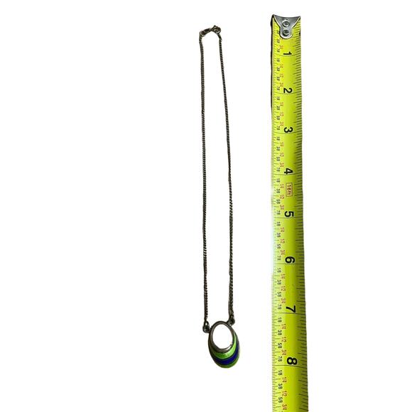 Art Deco Blue and Green Enamel Womens Necklace Sterling Dark Silver Vintage - Picture 4 of 7